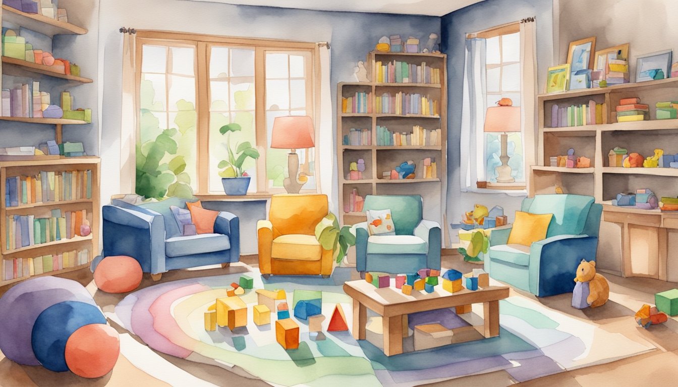 Educational toys scattered around a cozy living room, with a toddler's play area.</p><p>Books, puzzles, and building blocks are displayed on shelves and tables