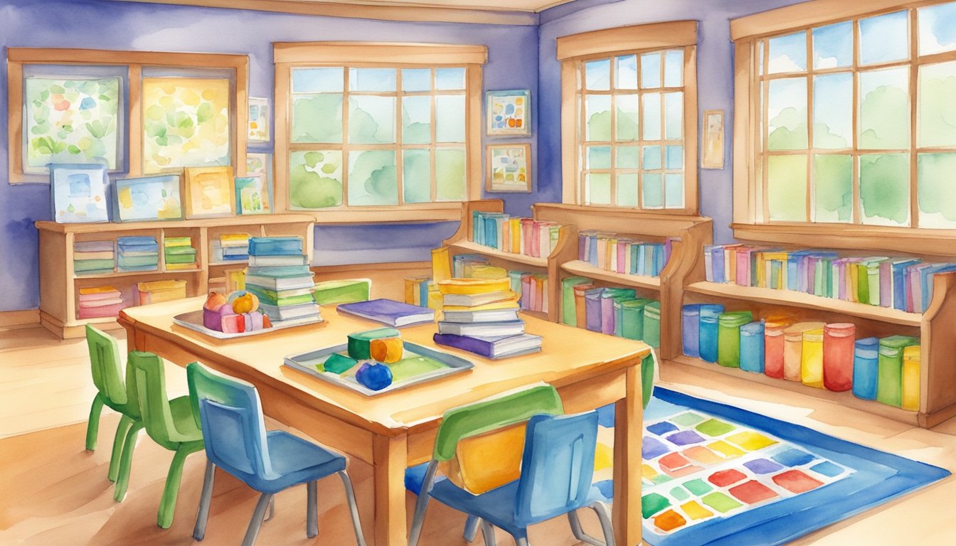 A colorful classroom with 8 homeschool curriculum kits for kindergarten from ABCmouse.com, including books, flashcards, and interactive learning materials