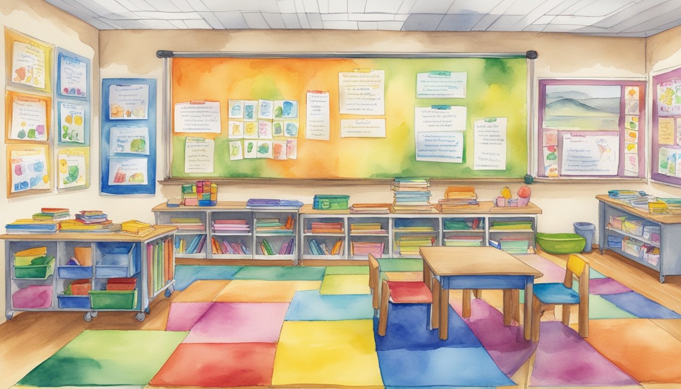 A colorful classroom with 8 curriculum kits arranged neatly on a table, each labeled "Hooked on Phonics Kindergarten." Bright, engaging materials and books are visible, ready for homeschool learning