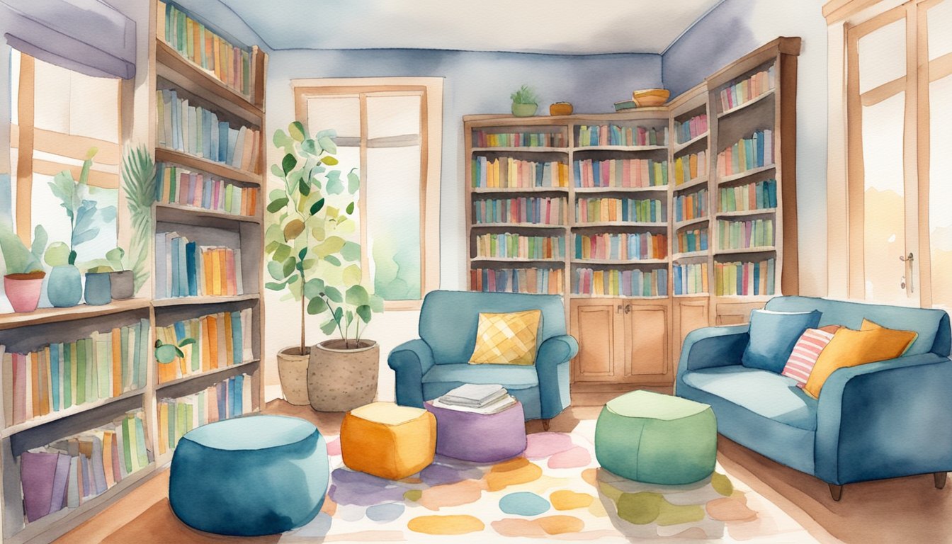 A cozy living room with a bookshelf filled with colorful children's books, a comfortable reading nook with a soft rug and bean bag chairs, and a table set up for hands-on learning activities