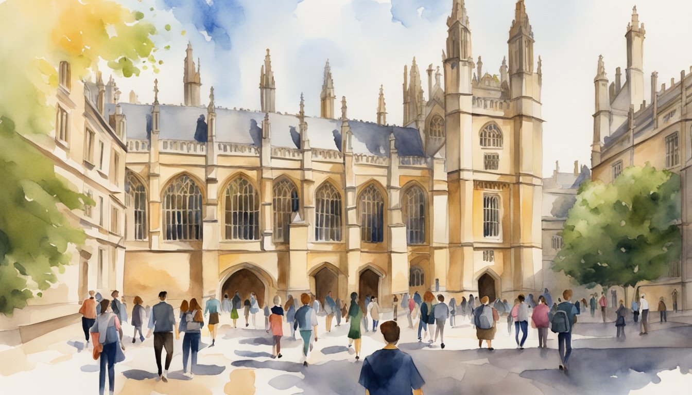 The University of Oxford's 8 best colleges for study abroad opportunities are depicted in a bustling campus scene with iconic architecture and diverse students engaging in academic and social activities