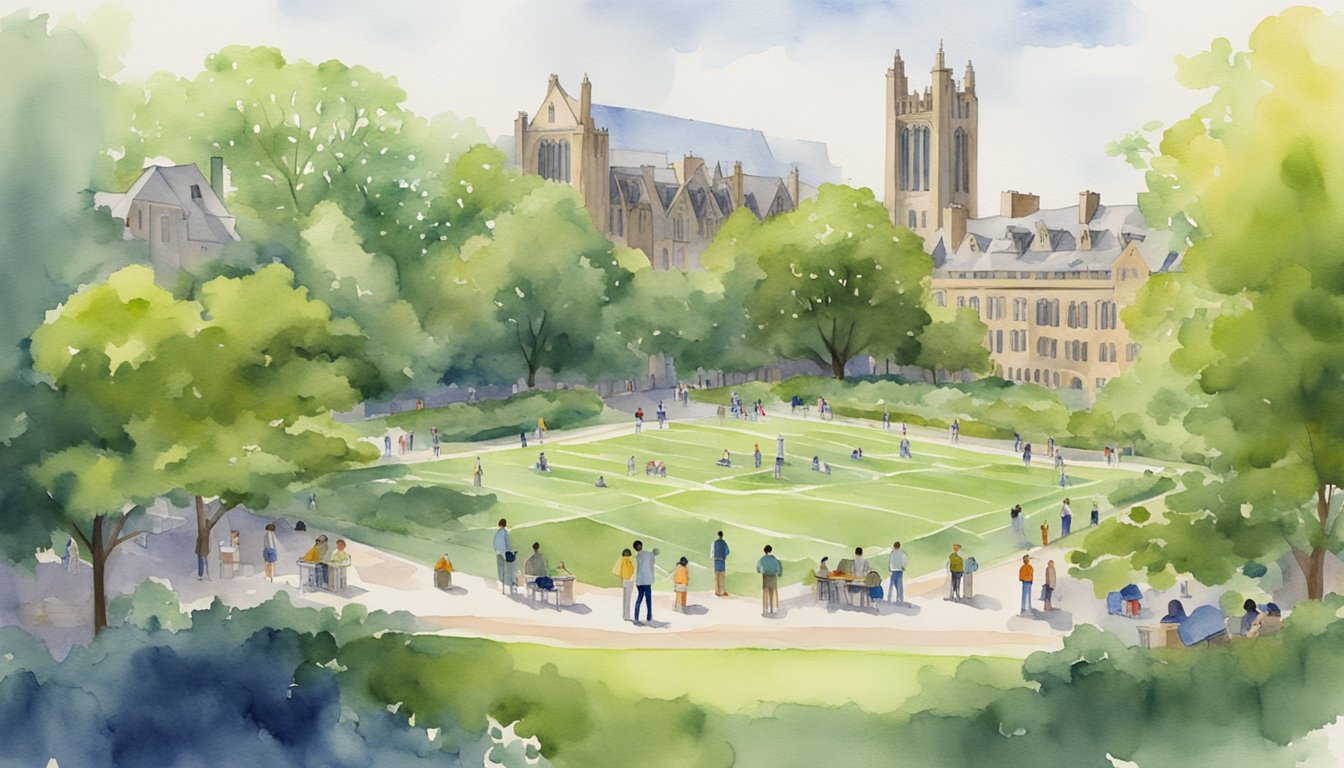 Yale University campus with iconic buildings and lush greenery, surrounded by students studying and engaging in environmental science activities