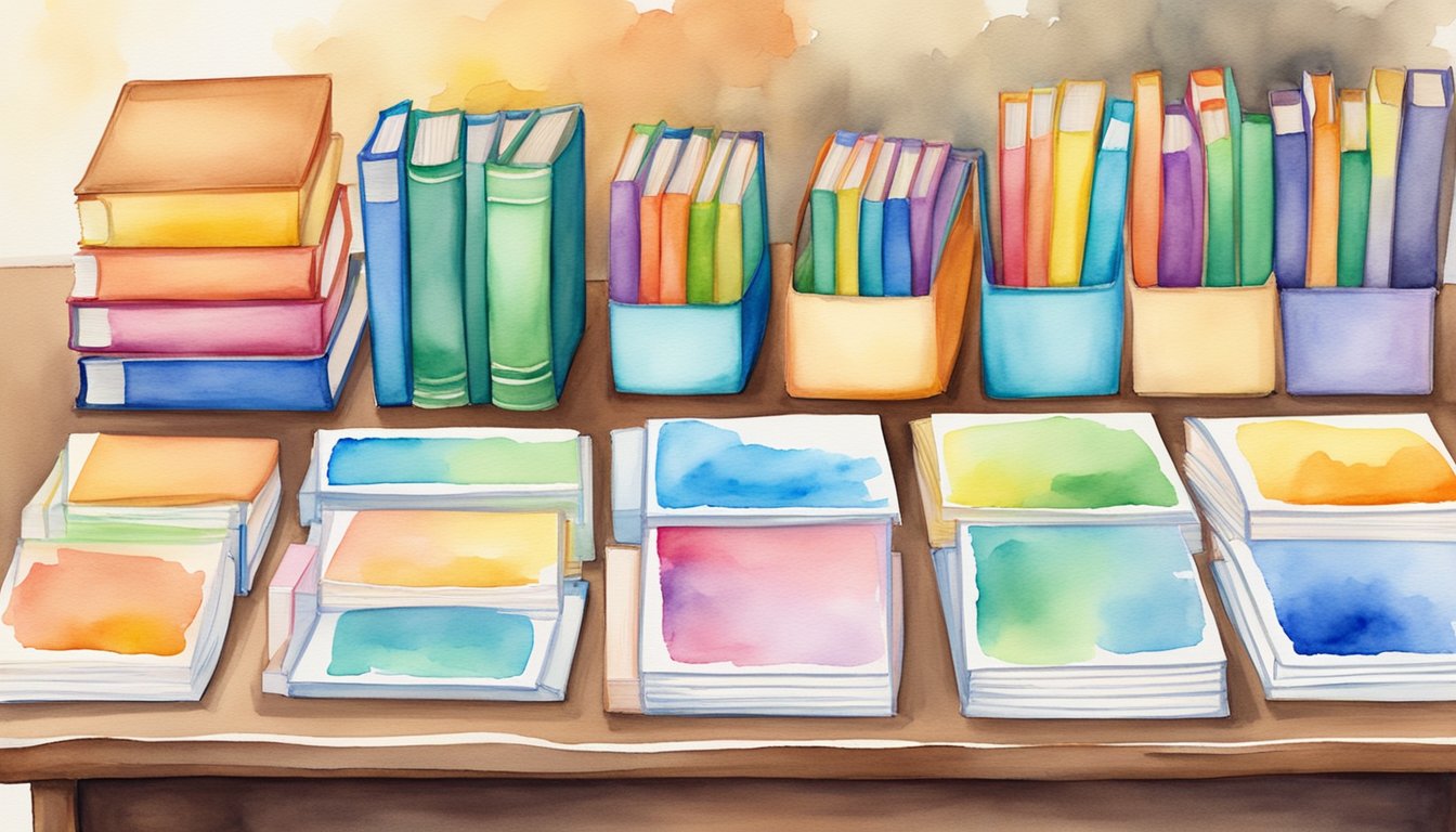 A table with 8 colorful homeschool curriculum kits for kindergarten, each labeled with subjects and activities.</p><p>Books, workbooks, and manipulatives are neatly organized in each kit