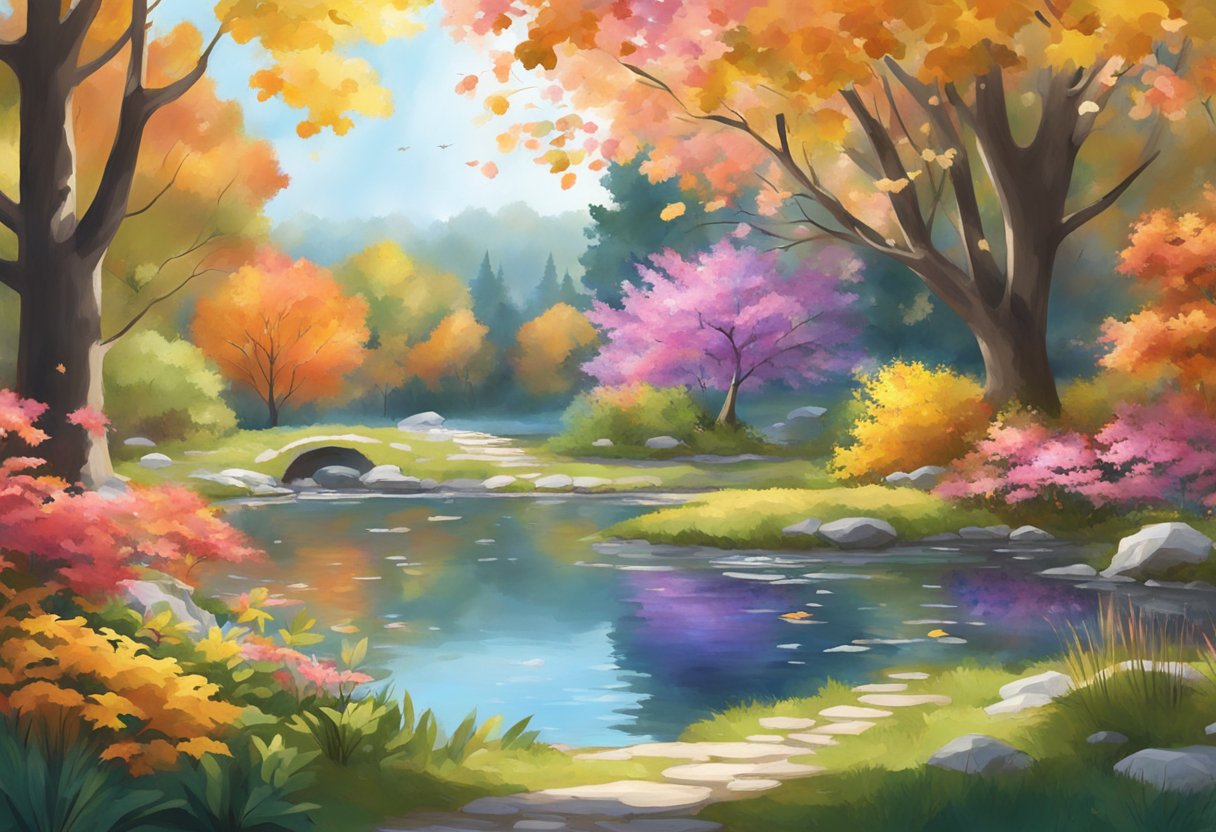 A serene pond nestled among vibrant foliage, with blooming flowers and lush greenery, surrounded by colorful autumn leaves and snow-covered branches