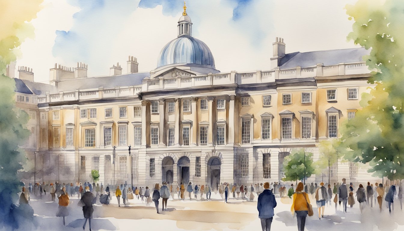 The iconic University College London campus bustling with students from around the world, surrounded by historic buildings and modern facilities