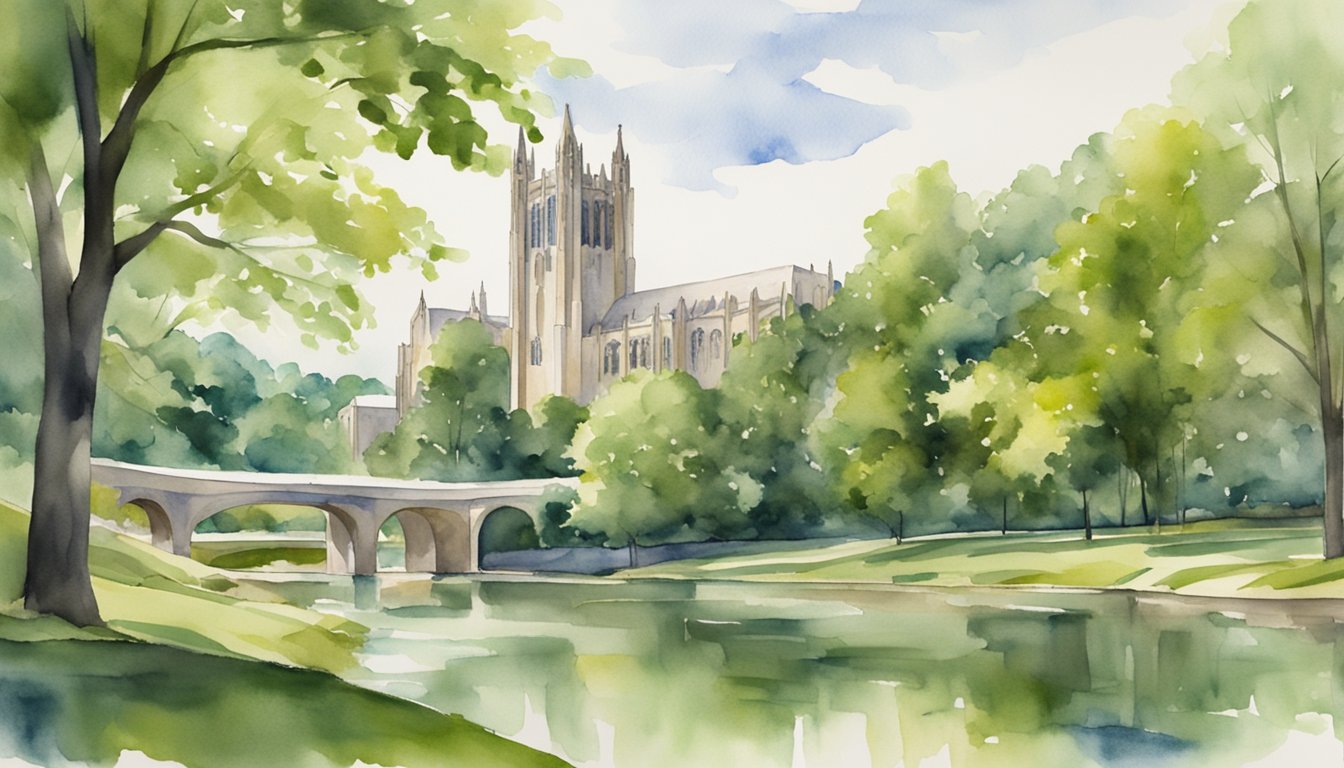 A lush green campus with modern science buildings, surrounded by trees and a flowing river, showcasing the natural beauty of Duke University