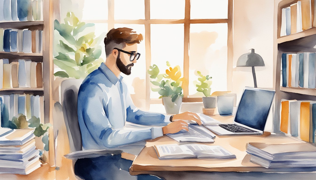 A person at a desk, surrounded by books and a laptop, researching "Company 8 Job Interview Coaching Tips for Success."