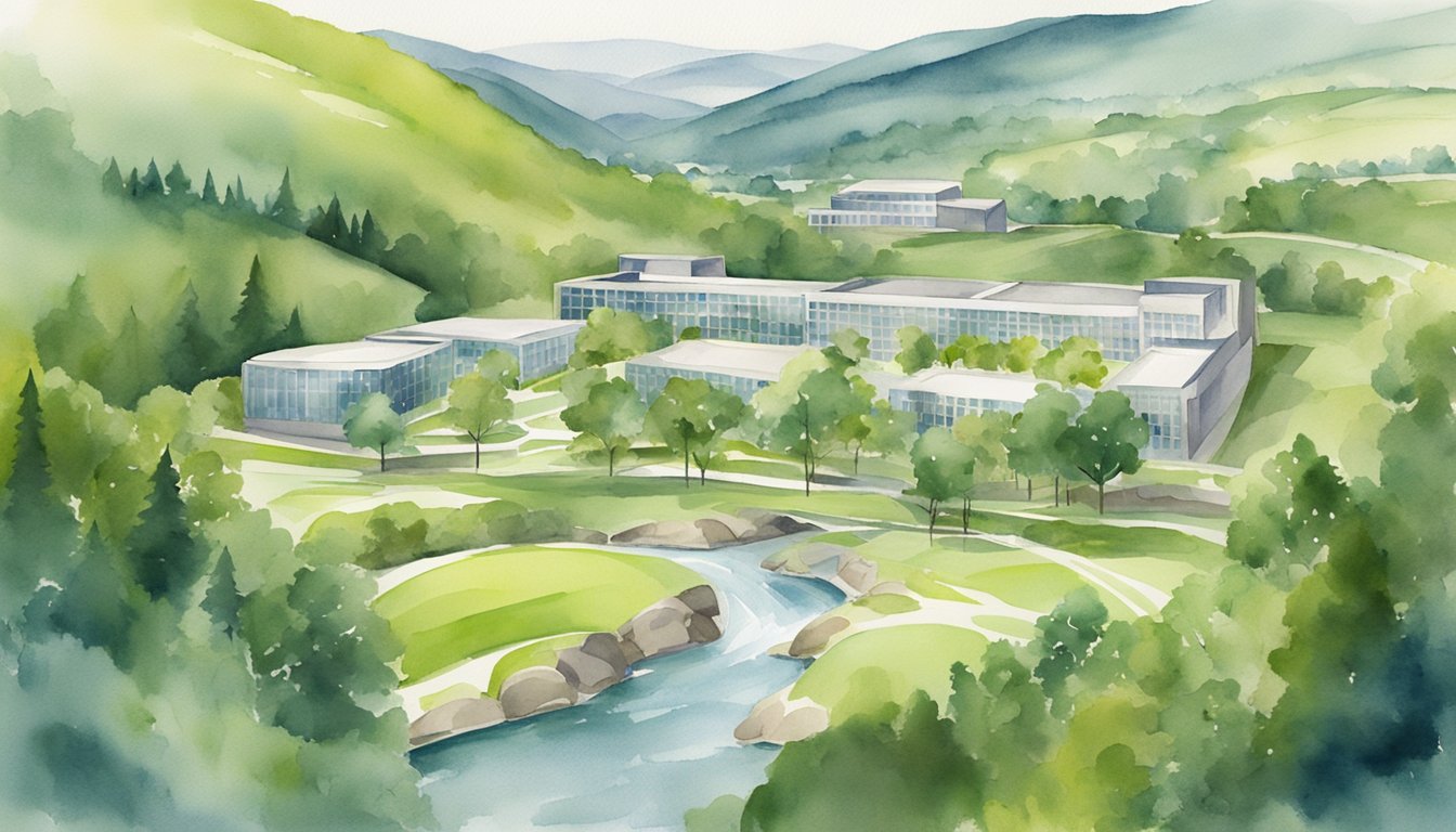 Lush green campus with modern science buildings, surrounded by rolling hills and forests.</p><p>A flowing river runs through the landscape, with students conducting field research