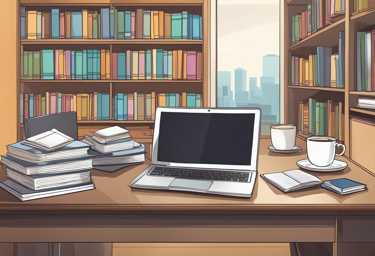 A laptop open on a desk, with a blank document and a cup of coffee next to it. A bookshelf filled with reference books in the background