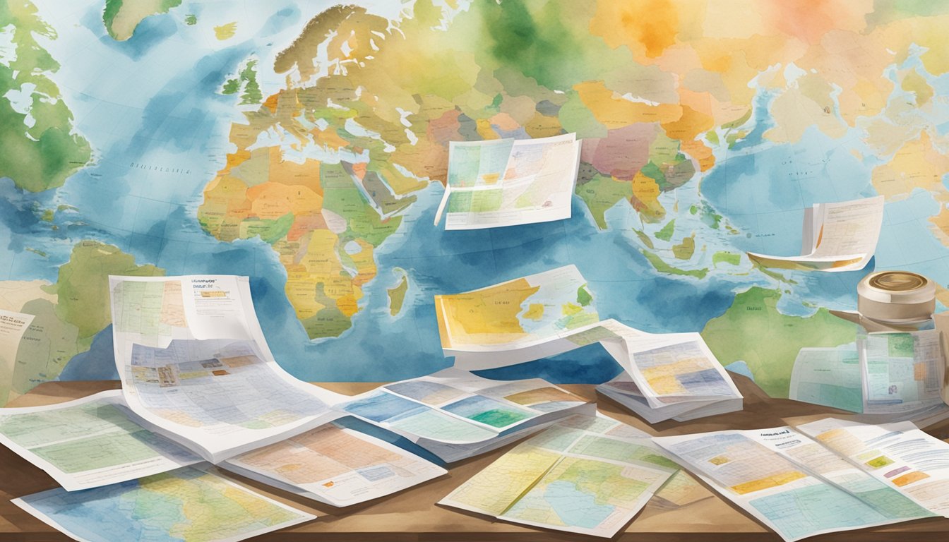 A group of college brochures spread out on a table, each showcasing different study abroad programs.</p><p>A world map hangs on the wall behind them, with pins marking various destinations