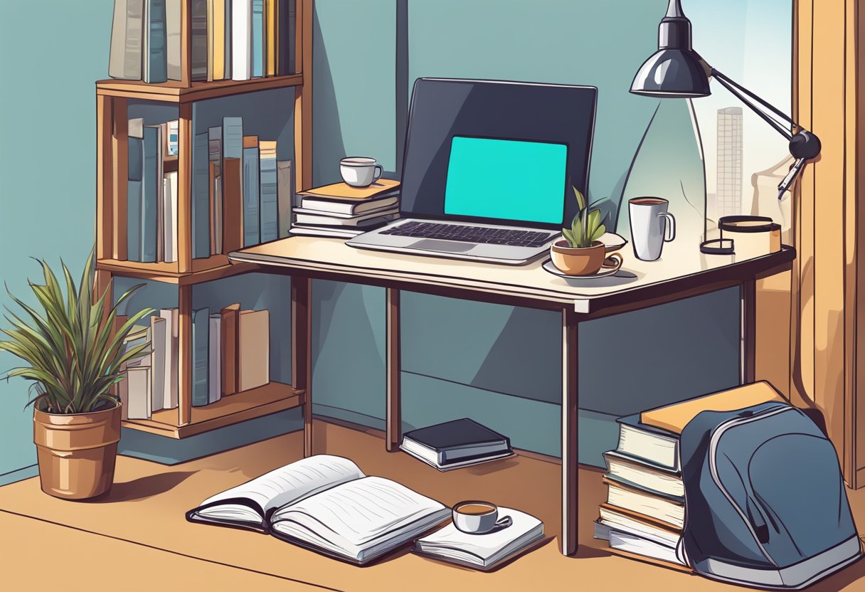 A desk with a laptop, notebook, and pen. A stack of books on the side. A cup of coffee and a comfortable chair