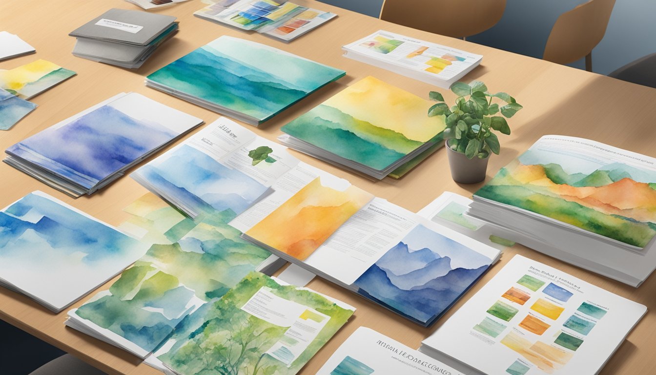 A collection of college brochures and course catalogs spread out on a desk, showcasing various environmental science programs and curriculum offerings