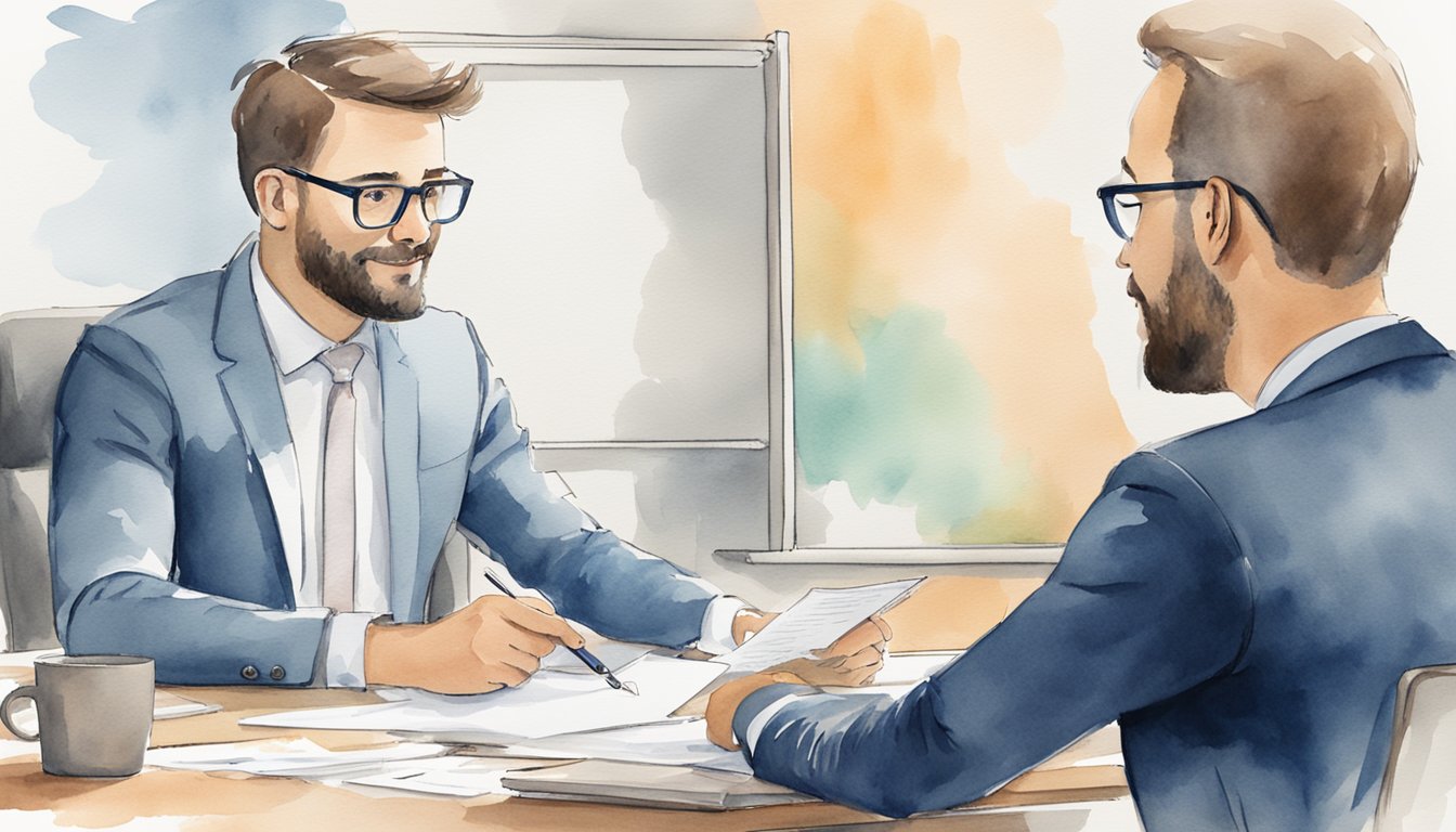 A job interview coach sits at a desk, offering advice to a client.</p><p>A whiteboard behind them displays "Post-Interview Strategies: 8 Job Interview Coaching Tips for Success."