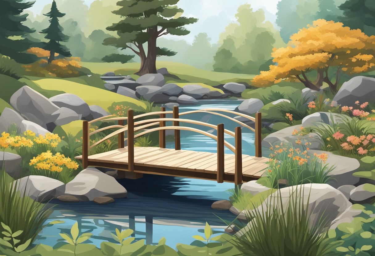 A small pond surrounded by rocks and native plants. A wooden bridge crosses over the water, leading to a cozy seating area. Wildlife can be seen enjoying the natural habitat