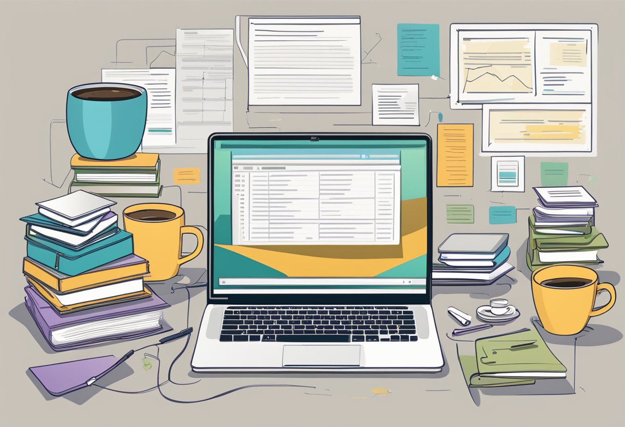 A laptop displaying a discussion board with multiple threads and comments, surrounded by books and a cup of coffee