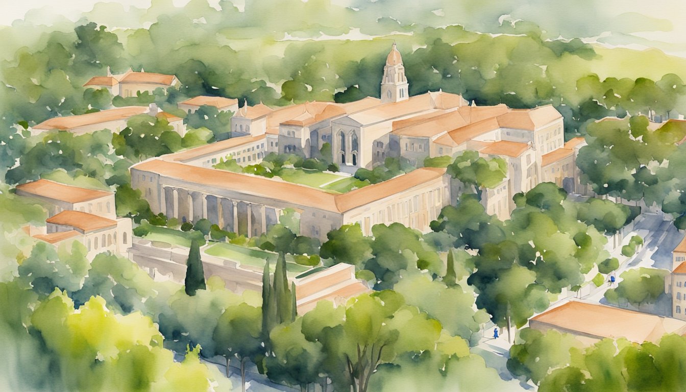 The scene shows Stanford University's campus with iconic buildings and lush greenery, representing the top 8 colleges for Political Science majors