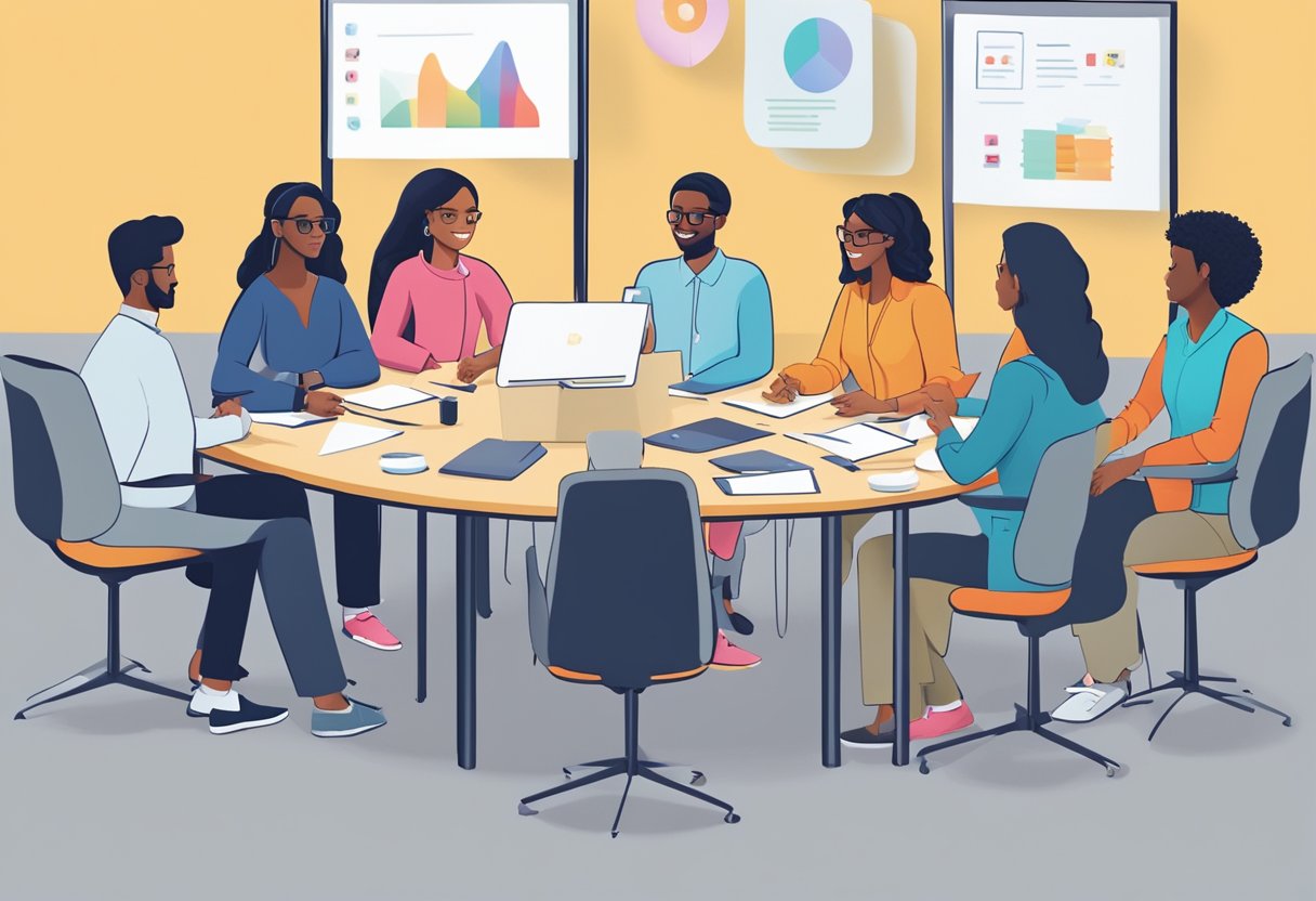 A group of diverse avatars engage in a lively discussion around a virtual discussion board, exchanging ideas and opinions on personalization and customization