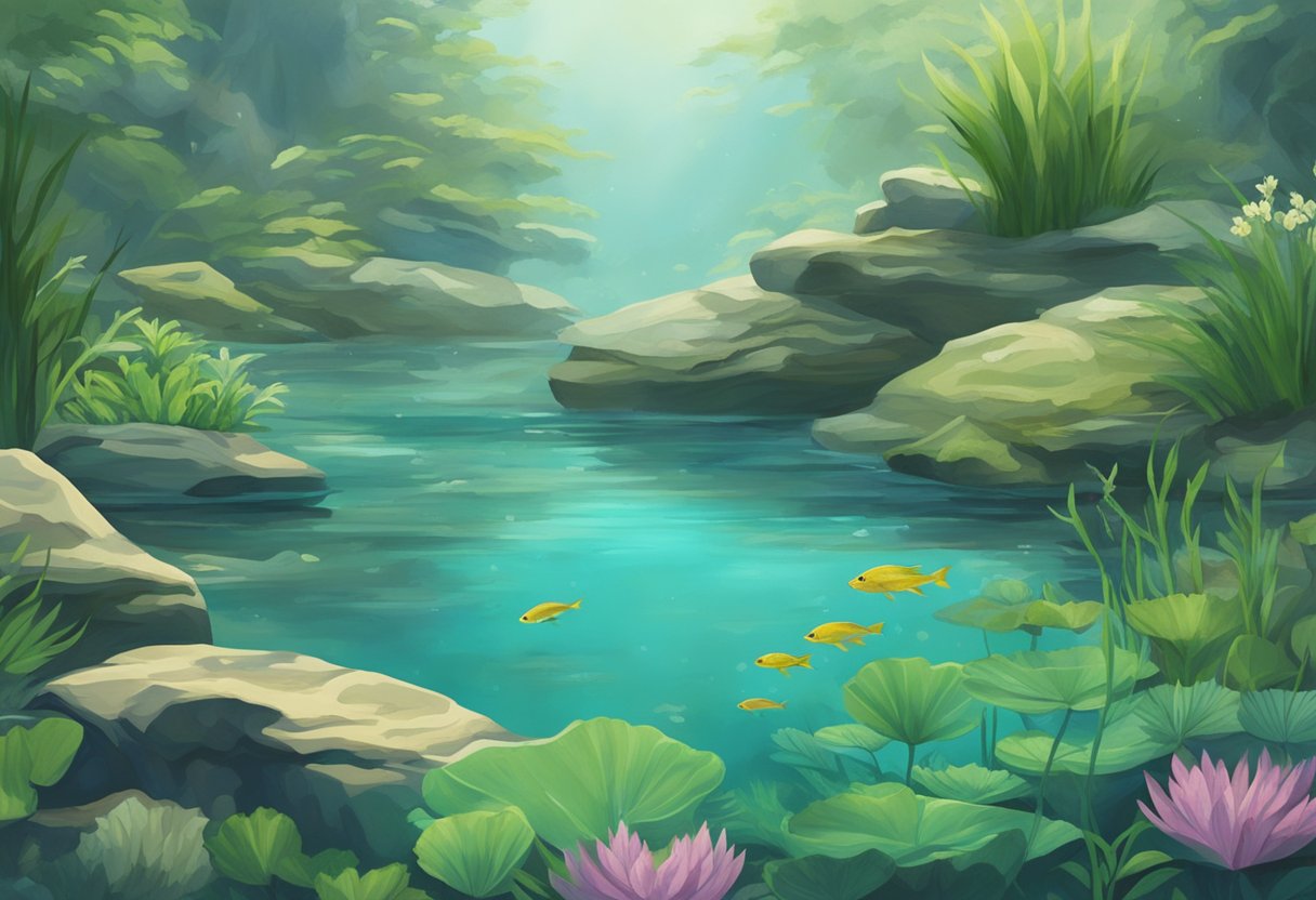 Lush green aquatic plants sway gently in the clear water, creating a serene underwater landscape for ponds. Rocks and driftwood add texture and depth to the scene