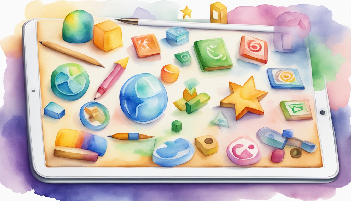 Colorful icons and symbols representing various educational activities and exercises displayed on a tablet screen