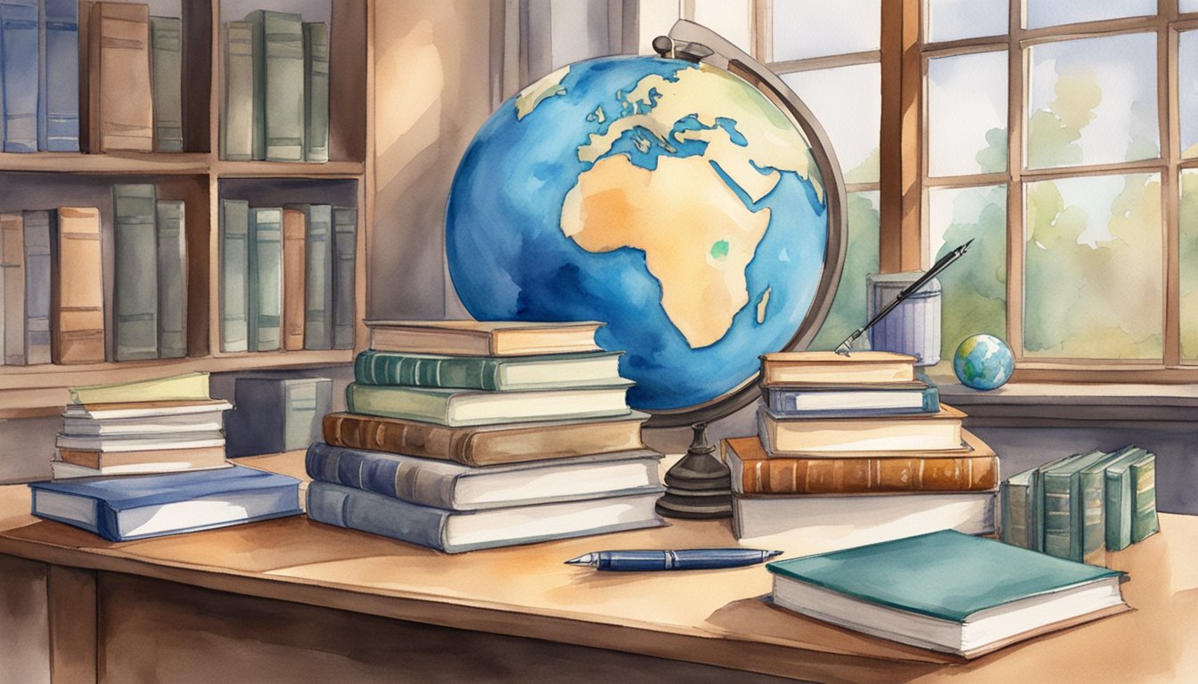 A stack of books on political science sits on a desk, surrounded by a globe, a pen, and a notepad with career opportunities listed.</p><p>A college banner hangs in the background