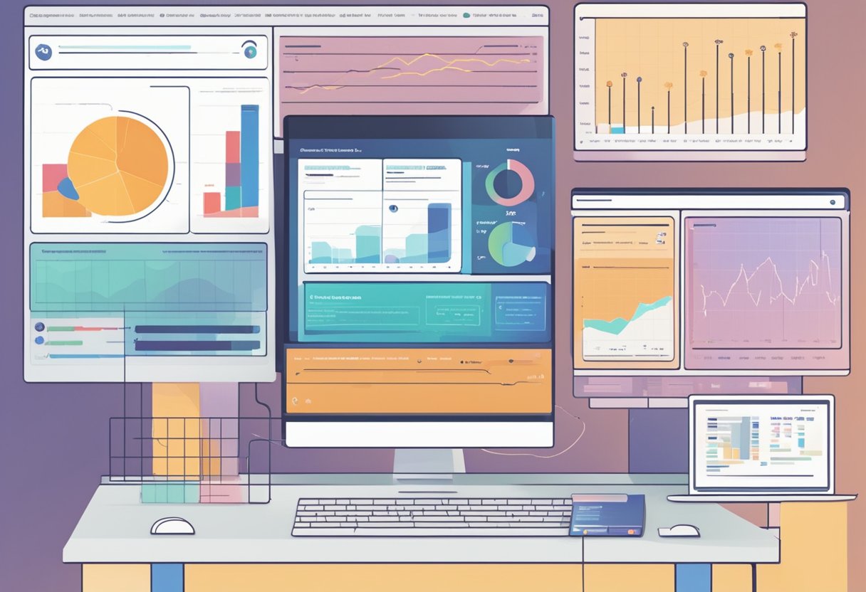 An AI response generator analyzes data on a computer screen, while graphs and charts show the impact of its replies on discussion posts