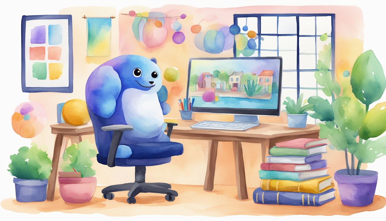 A virtual classroom with ClassDojo on a computer screen, surrounded by educational tools and colorful decorations