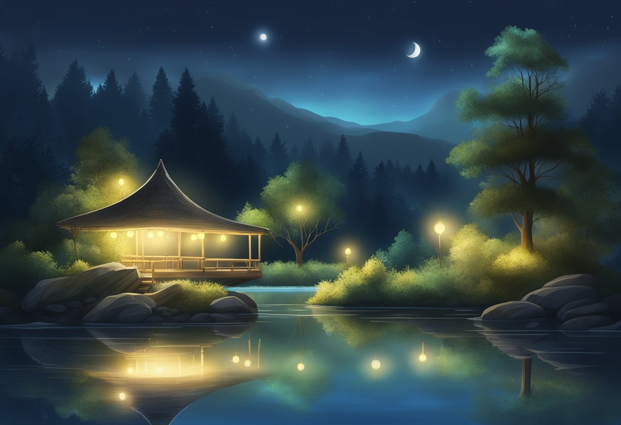 A tranquil pond at night, illuminated by enchanting lighting kits, casting a soft and mesmerizing glow on the water's surface