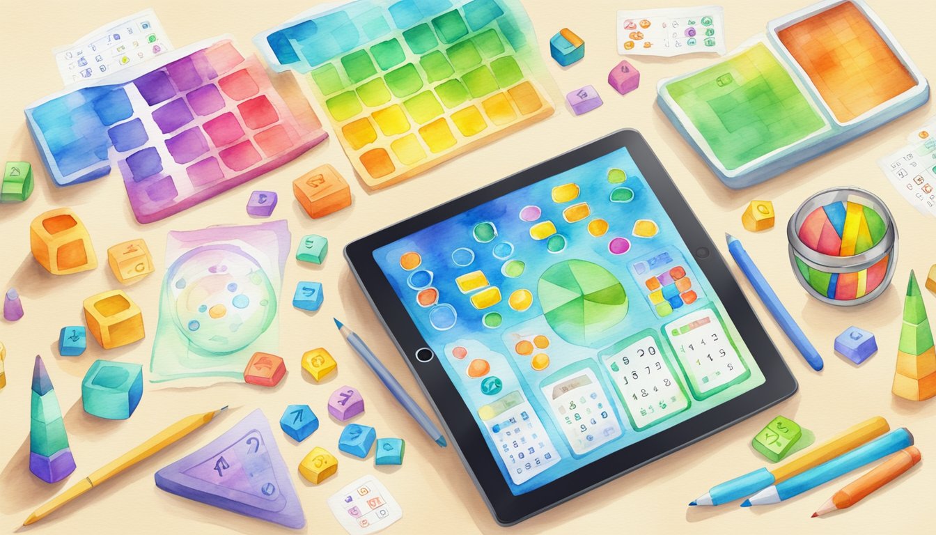 A colorful array of educational math apps displayed on a tablet screen, with playful graphics and engaging activities for young learners