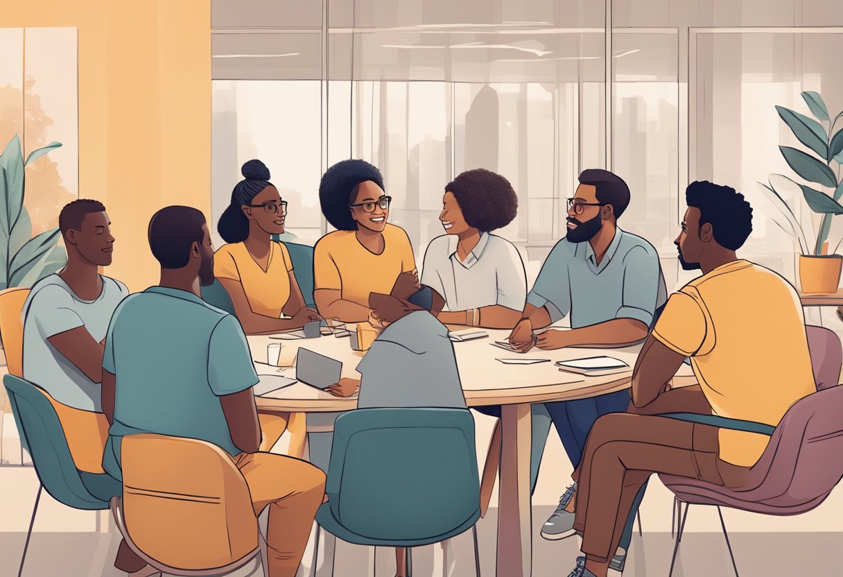 A group of diverse individuals engage in a lively discussion, exchanging ideas and actively listening to one another. The atmosphere is warm and inclusive, with everyone feeling comfortable and respected