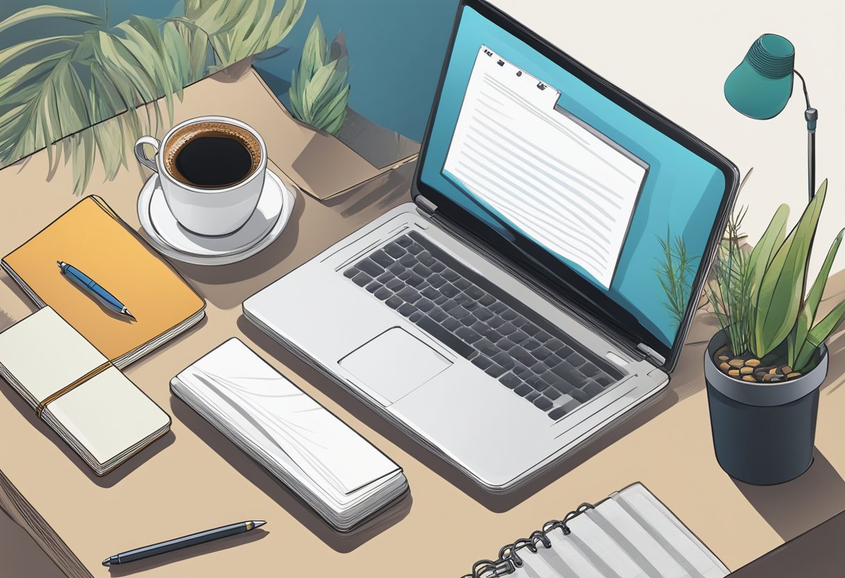 A laptop open on a desk with a forum post displayed, surrounded by a notebook, pen, and coffee mug