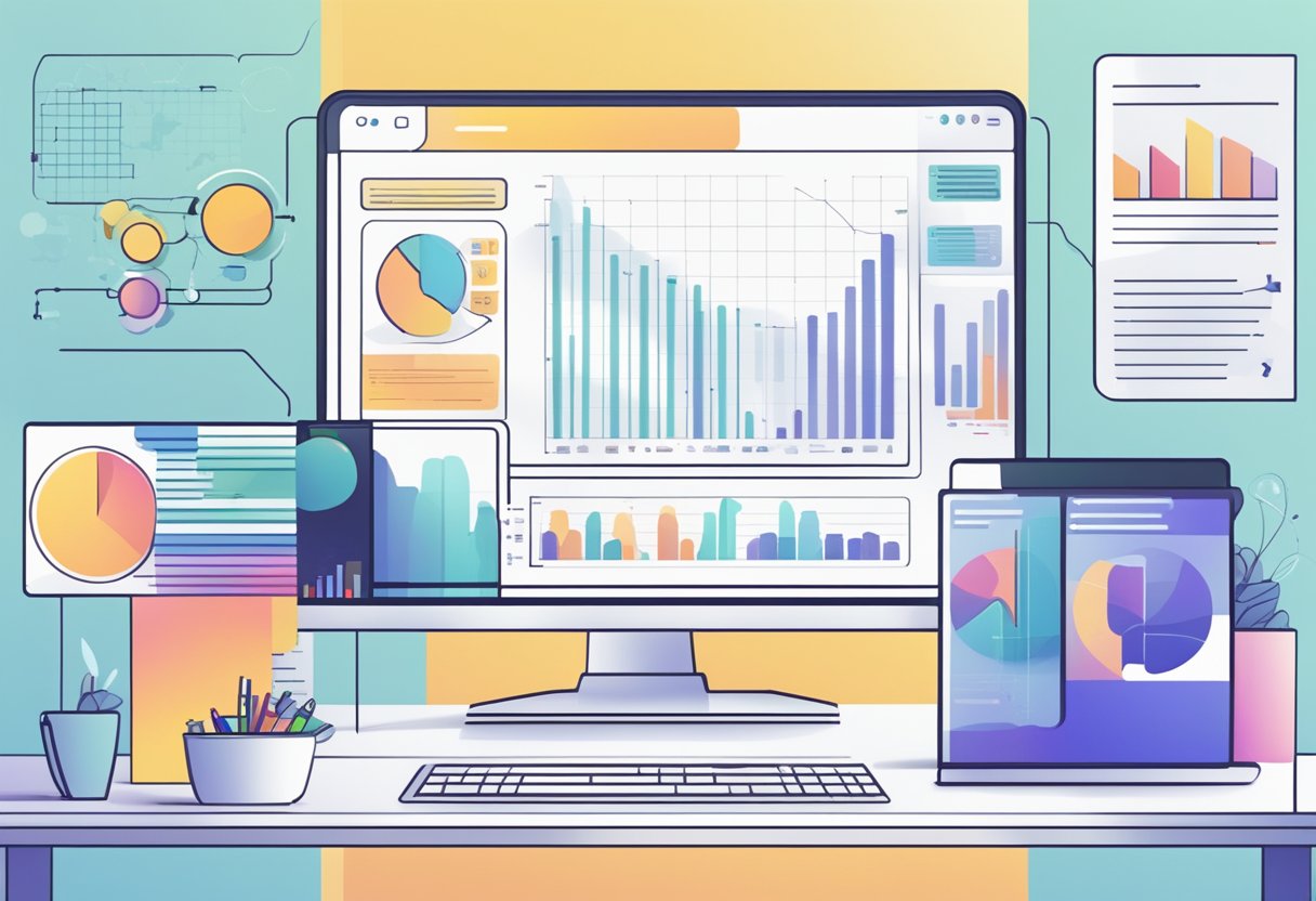 AI tools analyzing data, generating insights, and improving discussion posts. Computer screen with graphs, text, and AI algorithms in action