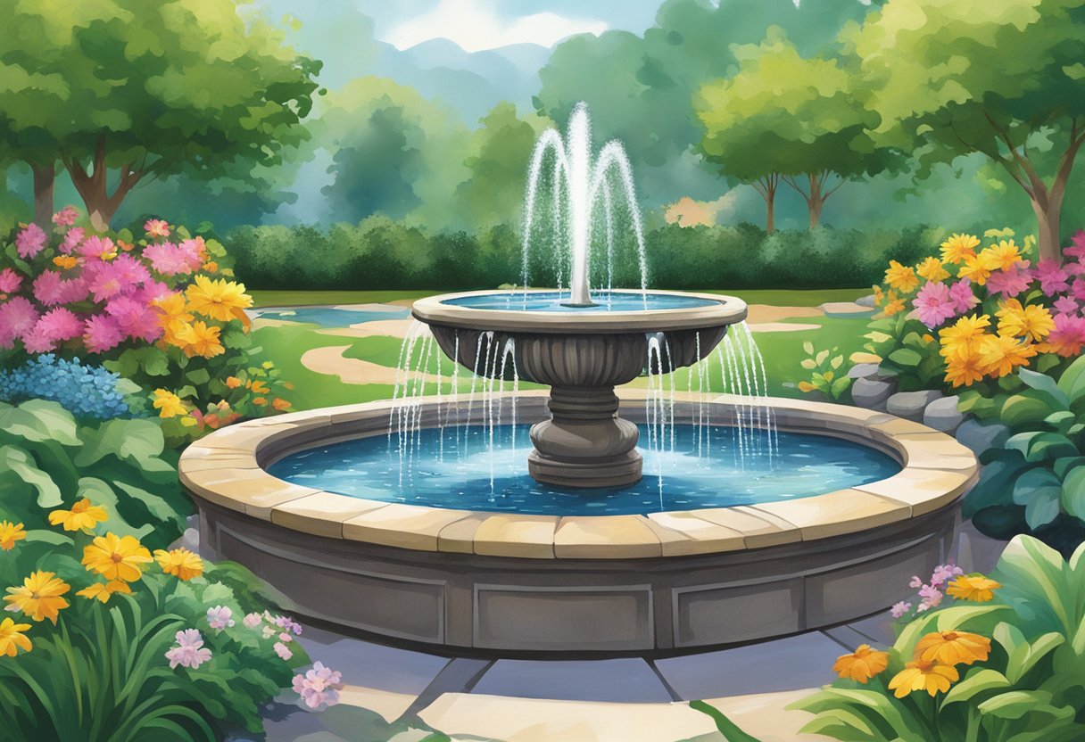 Five pond fountains spraying water in various heights and patterns, surrounded by lush greenery and colorful flowers, creating a serene and captivating water feature