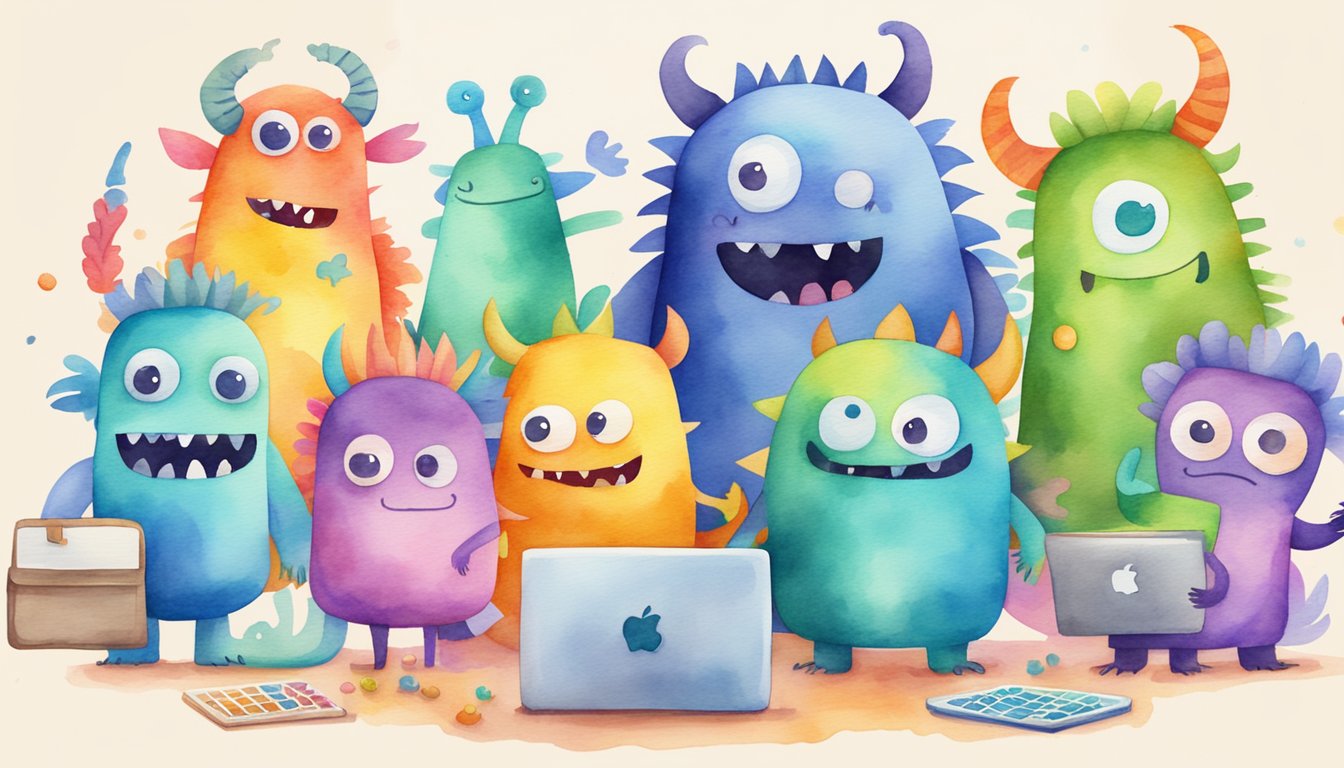 Colorful monsters solving math problems on digital devices.</p><p>Fun and engaging educational apps for kids to learn math concepts