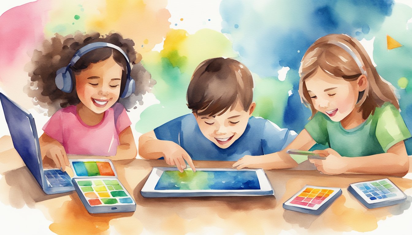 A group of children engaging with colorful educational math apps on tablets, displaying excitement and focus as they learn and solve problems