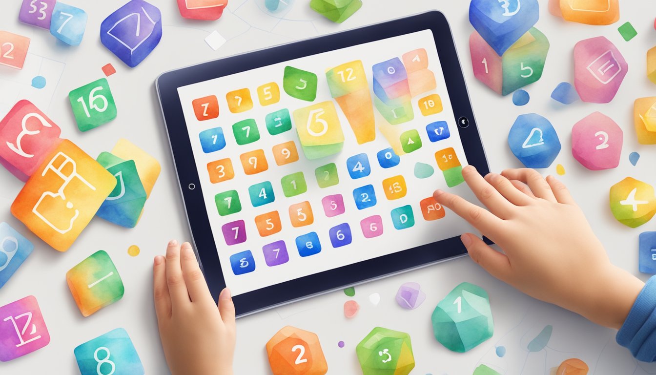 Colorful math app icons arranged in a grid on a tablet screen, with numbers, shapes, and equations.</p><p>A child's hand reaches for one app