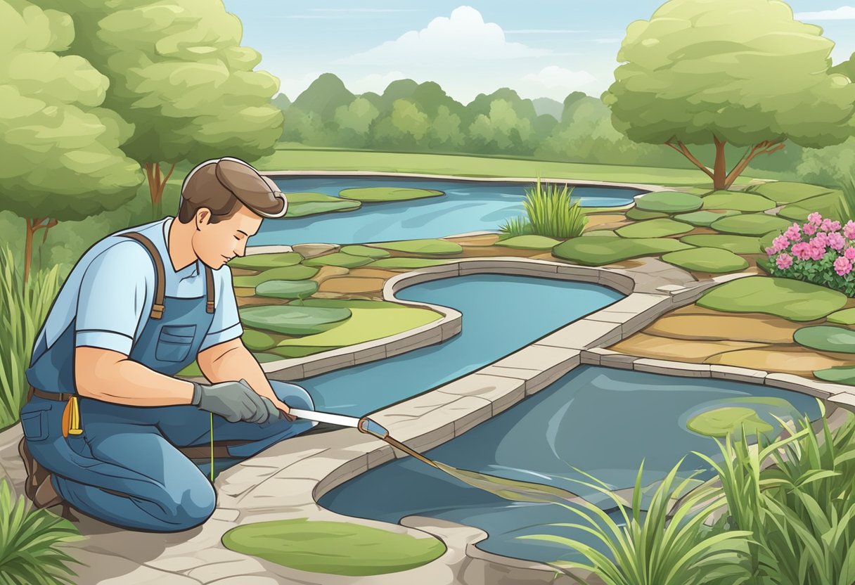 A landscaper measures and inspects different types of pond liners for a landscape design project