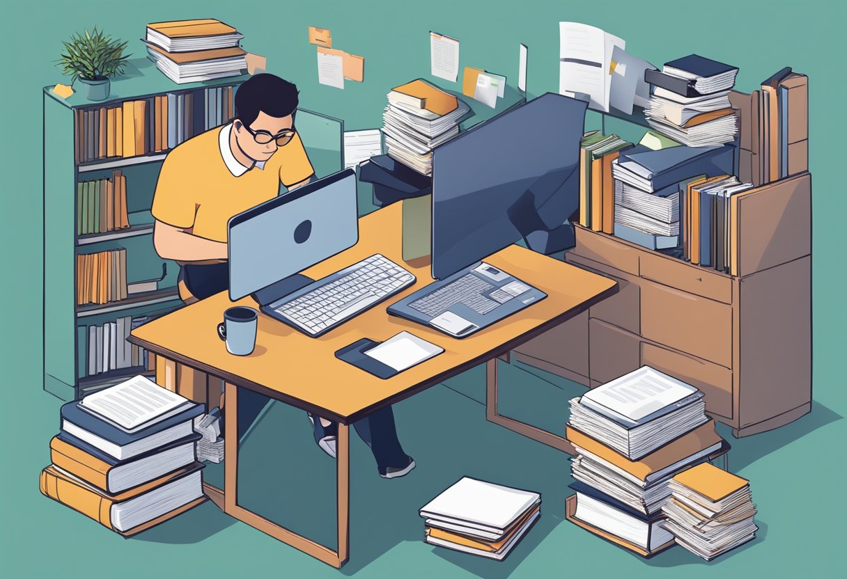 A person sitting at a desk surrounded by books, typing on a computer, with papers and reference materials spread out