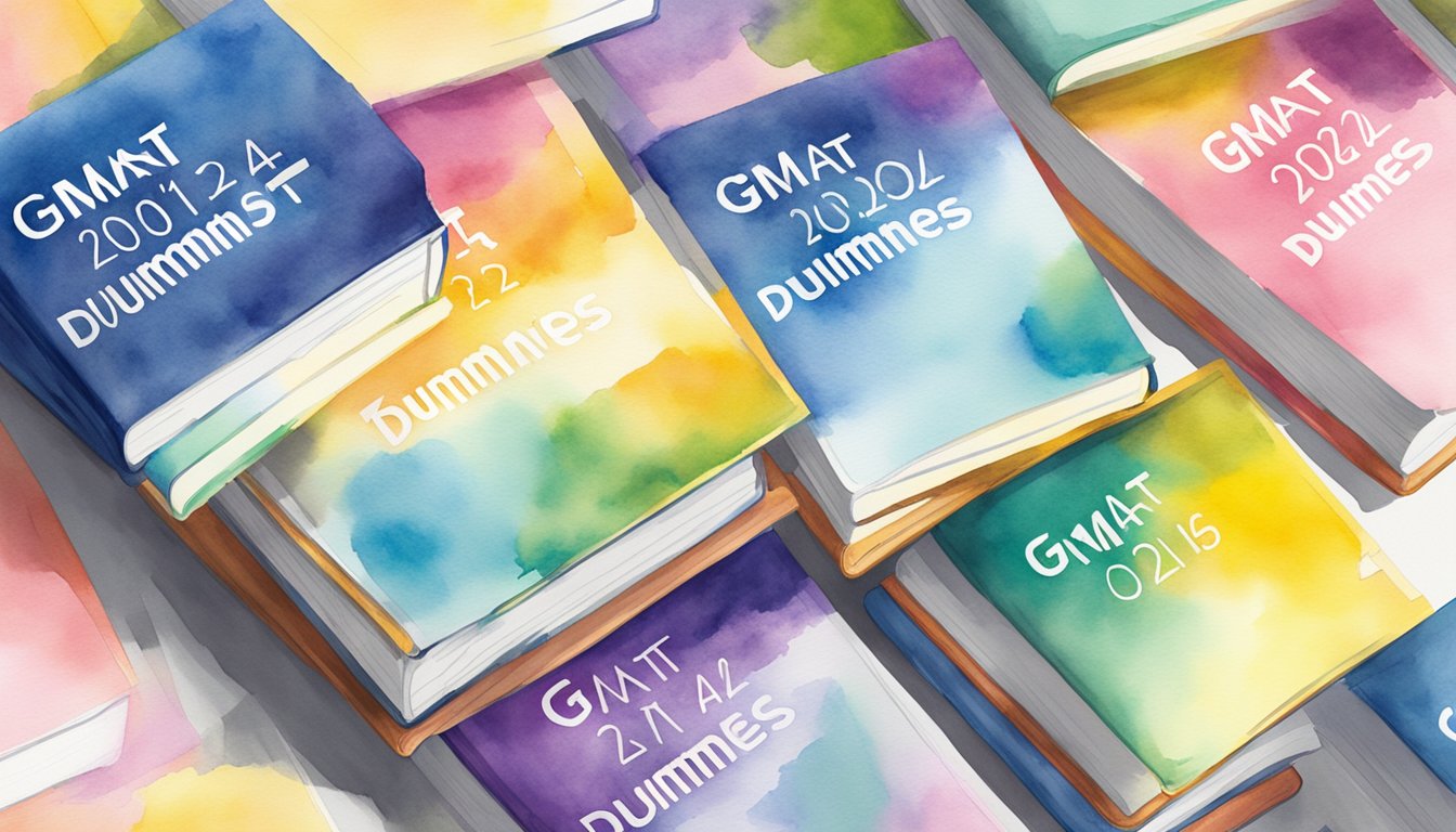 A stack of 8 GMAT study guides arranged in a neat pile, with the title "GMAT For Dummies 2024" prominently displayed on the top book