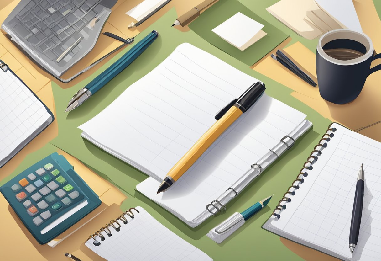 A pen hovers over a blank sheet of paper, ready to capture the thoughts and ideas of the writer. The desk is cluttered with notebooks and reference materials, creating an atmosphere of creativity and productivity