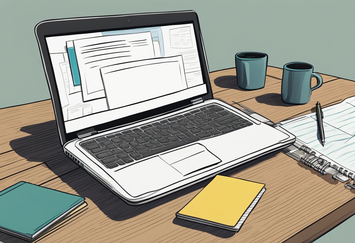 A laptop open on a desk, with a notepad and pen beside it. A thought bubble above the laptop with lines connecting to the notepad, symbolizing communication and writing a discussion post