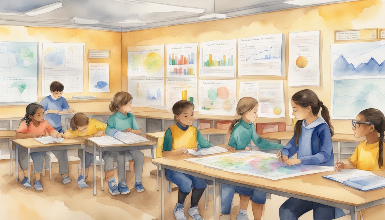 Middle school students gather around a table with science experiment materials.</p><p>Charts and diagrams are displayed on the wall