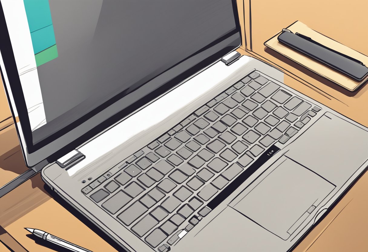 A laptop open on a desk, with a stylus and notebook nearby. A warm, inviting tone in the text