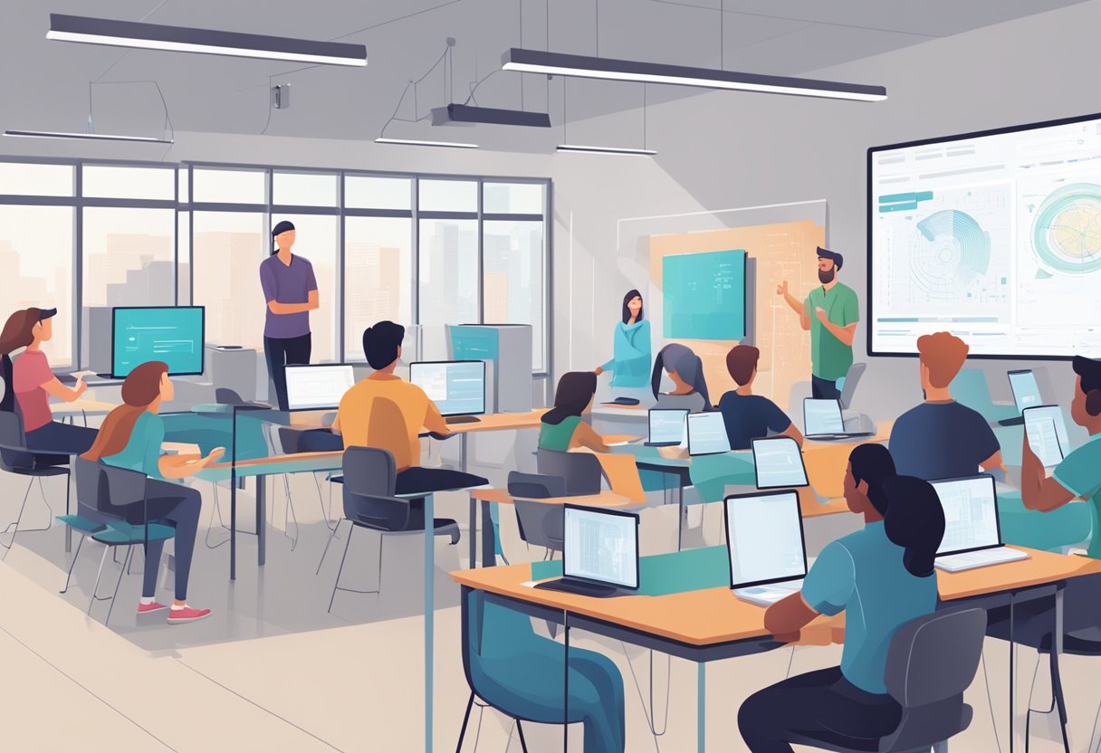 AI algorithms processing data on computer screens in a classroom setting with students and professionals engaging in a discussion