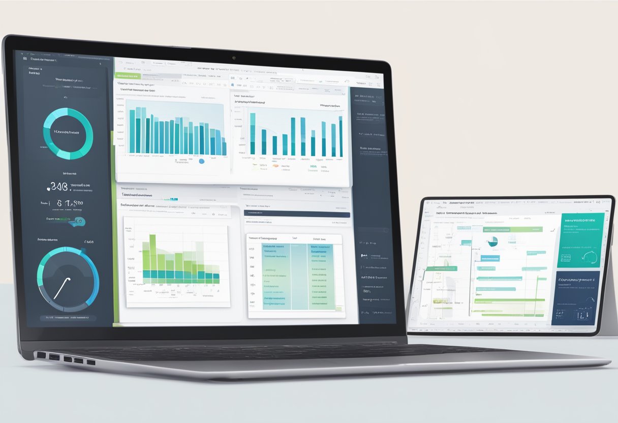 A computer screen displays a comparison chart of AI tool plans, with "Free" on the left and "Premium" on the right. Graphs and text illustrate the features and benefits of each plan