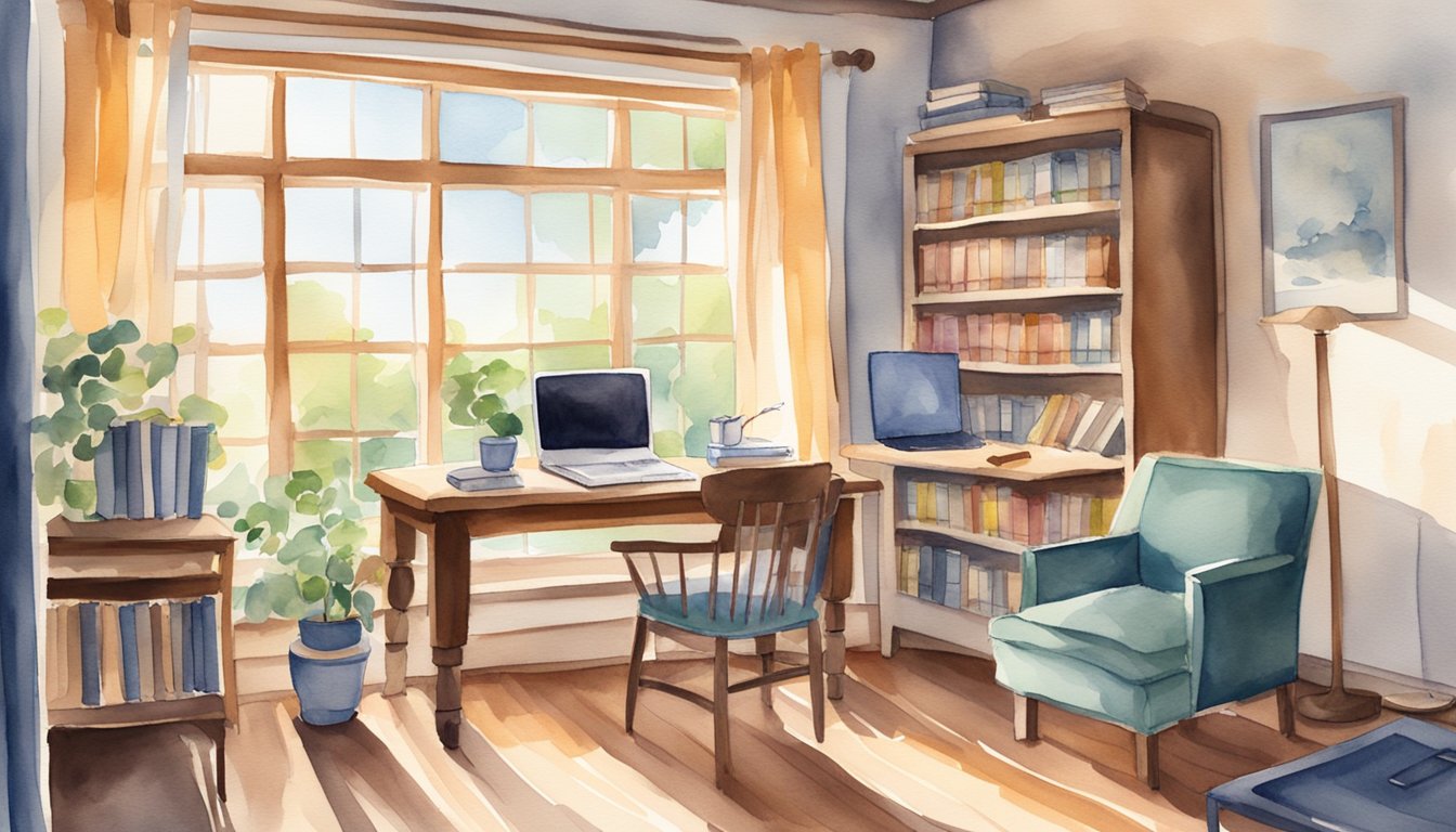 A cozy homeschooling setup with a desk, chair, and bookshelf.</p><p>Sunlight streams in through a window, highlighting a stack of books and a laptop.</p><p>A timer sits on the desk, reminding the viewer to take regular breaks