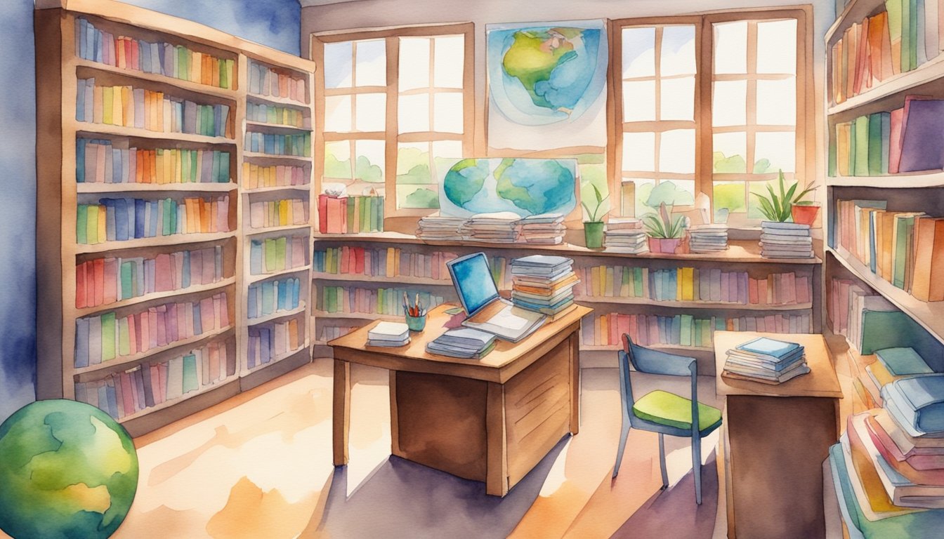 A colorful classroom with books, maps, and educational materials arranged neatly on shelves.</p><p>A desk with a laptop and a stack of papers sits in the corner