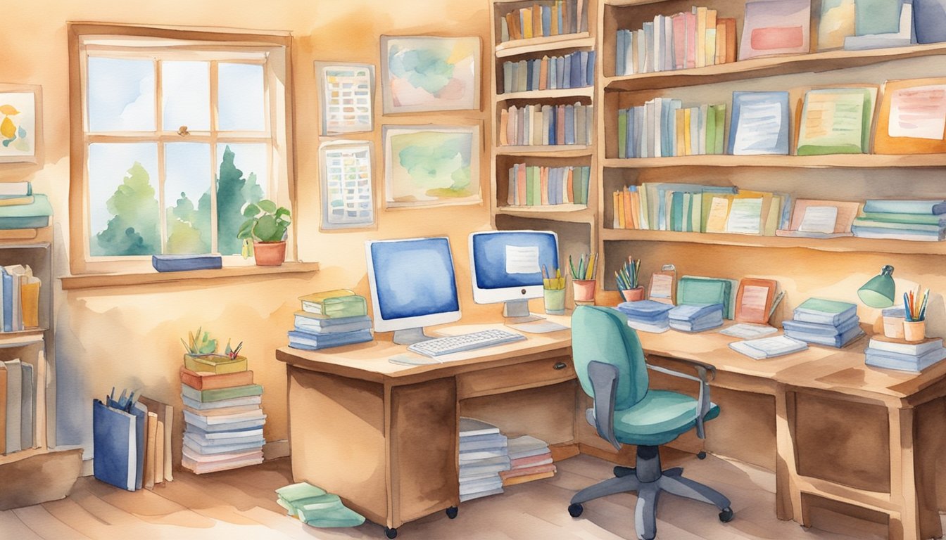 A cozy, organized homeschooling space with a desk, shelves of books, and educational materials.</p><p>A daily schedule is displayed on the wall, with designated time slots for different subjects and activities