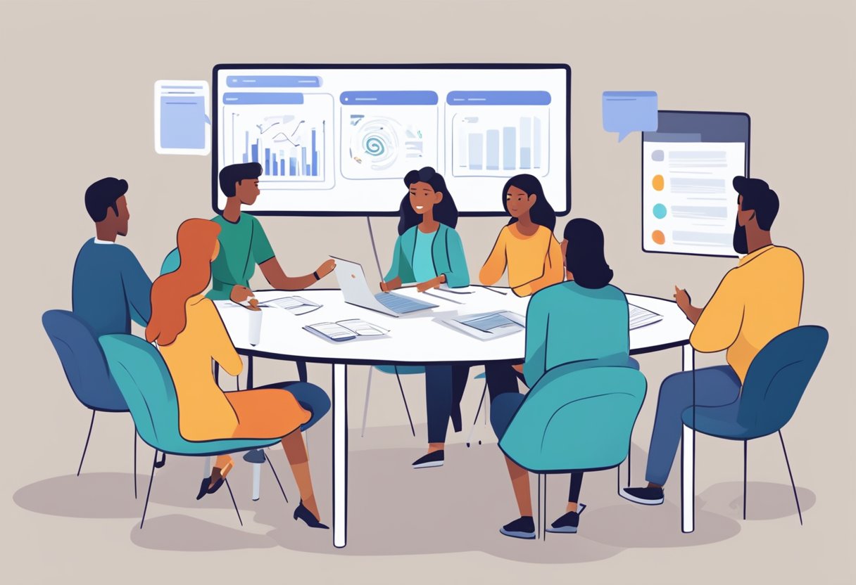 A group of people sit around a table, engaged in conversation. A whiteboard displays the words "Understanding Discussion Boards." Screens show online activity