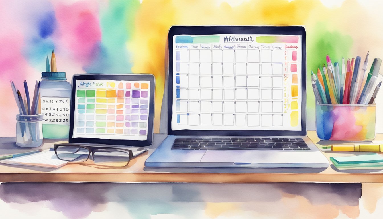 Colorful study planner tools arranged neatly on a desk with a laptop, notebooks, pens, highlighters, and a calendar.</p><p>Bright and organized workspace with a motivational poster in the background