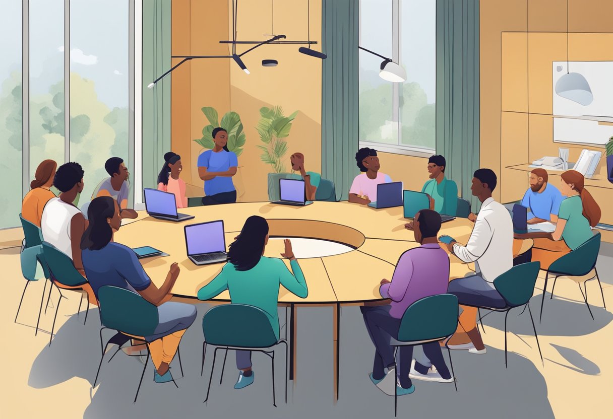 A circle of chairs with laptops on tables, people engaged in conversation, gesturing and nodding